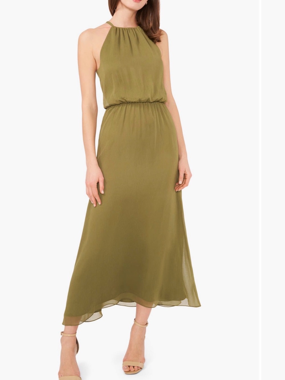 Halogen Shirred High Neck Midi Dress - Olive Green - Medium